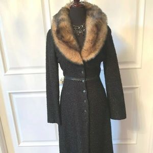 Vtg Betsey Johnson S Coat Black Metallic Tweed Faux Fur